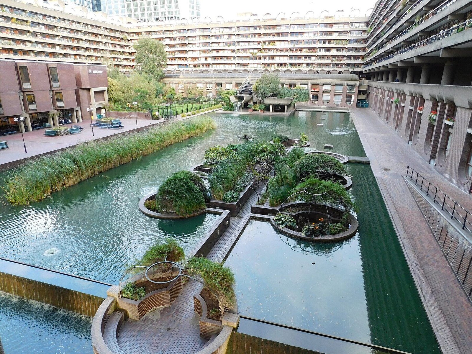 Apartment buildings along a working waterfront